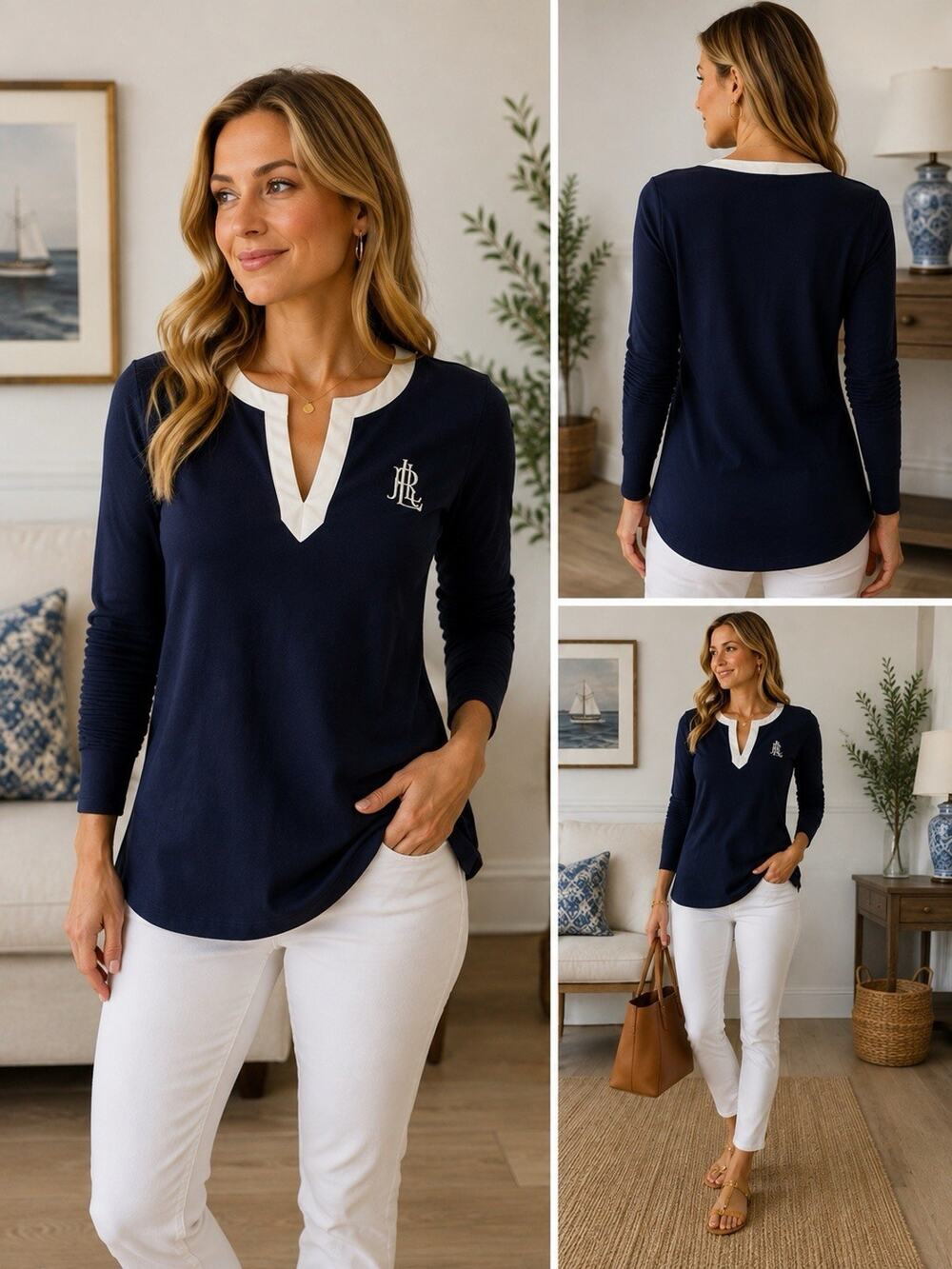 Lauren Ralph Lauren Navy Blue Ivory Trim Tunic Top L Preppy Coastal Quiet Luxury